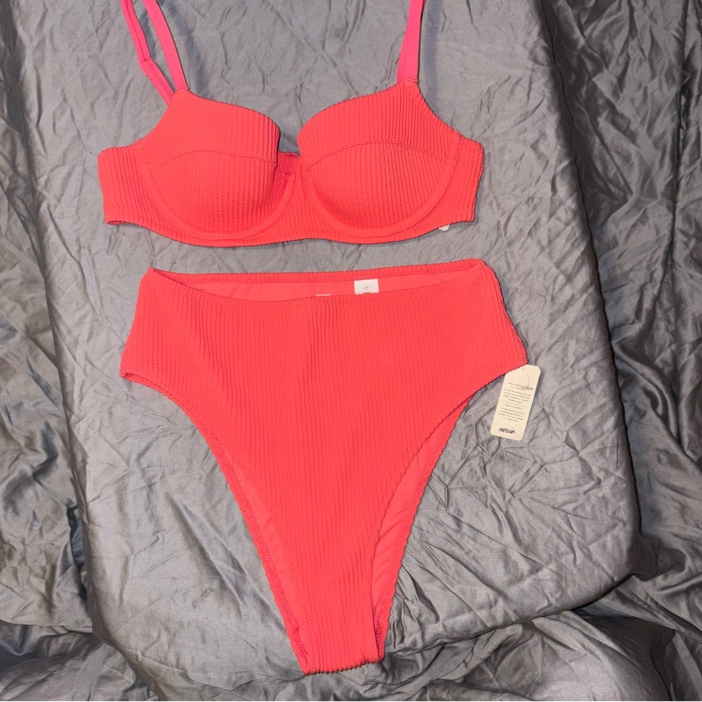 aerie Bright Coral Ribbed Bikini Bottom